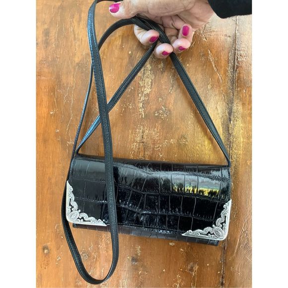 Brighton Leather Black Crossbody Bag Purse Crocodile Embossed Western Cowgirl Cl - Picture 6 of 17